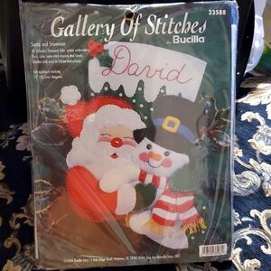 Vtg Bucilla Gallery of Stitches Felt Appliqué Stocking Kit Santa & Snowman 33588